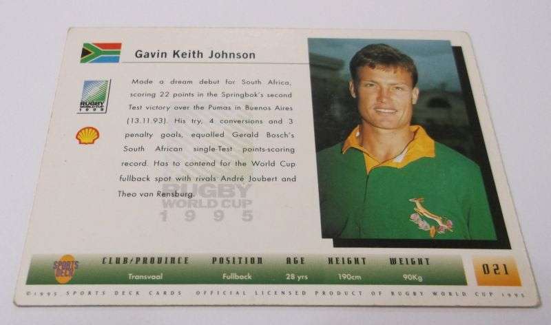 1995 RUGBY WORLD CUP TRADING CARD - SOUTH AFRICA - GAVIN JOHNSON