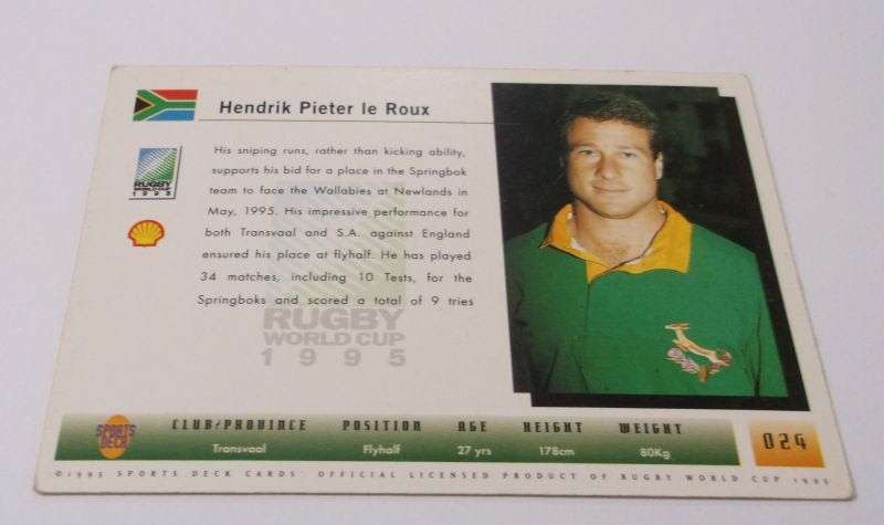 1995 RUGBY WORLD CUP TRADING CARD - SOUTH AFRICA - HENNIE LE ROUX