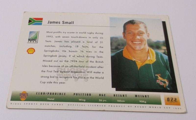 1995 RUGBY WORLD CUP TRADING CARD - SOUTH AFRICA - JAMES SMALL