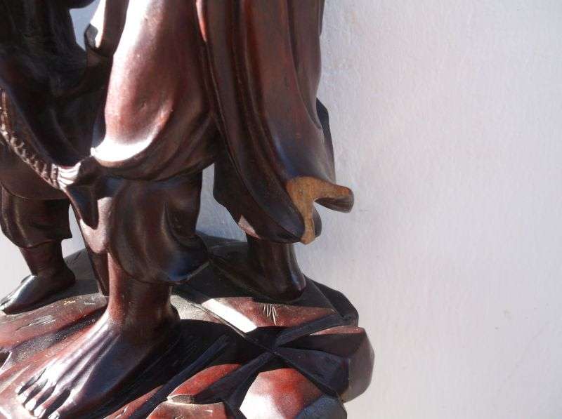 A RARE ORIENTAL ANTIQUE HAND CARVED WOODEN STATUE OF A FISHERMAN WITH HIS APPRENTICE ...AWESOME !!!!