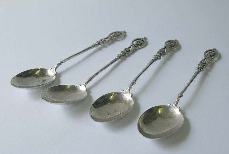 FABULOUS !! 4 OLD SOLID DUTCH SILVER TEASPOONS WITH BEAUTIFUL DETAIL COMPLETE WITH MAKERS MARKS !!