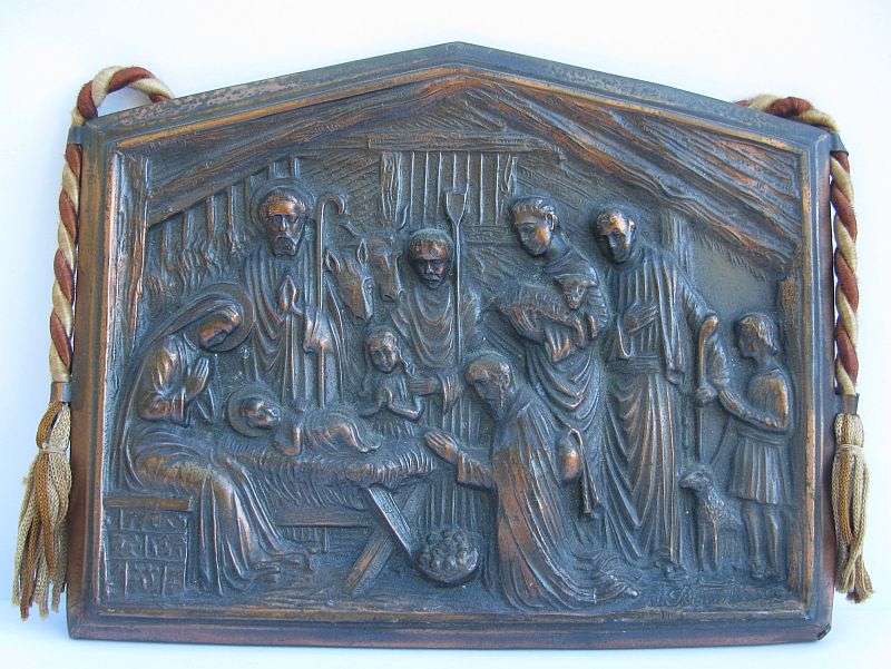 AN EYE CATCHING SOLID METAL SIGNED PLAQUE DEPICTING THE BIRTH OF CHRIST MADE IN BELGIUM ...SWEET !!