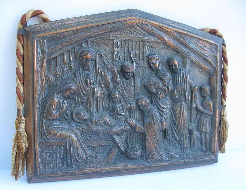 AN EYE CATCHING SOLID METAL SIGNED PLAQUE DEPICTING THE BIRTH OF CHRIST MADE IN BELGIUM ...SWEET !!