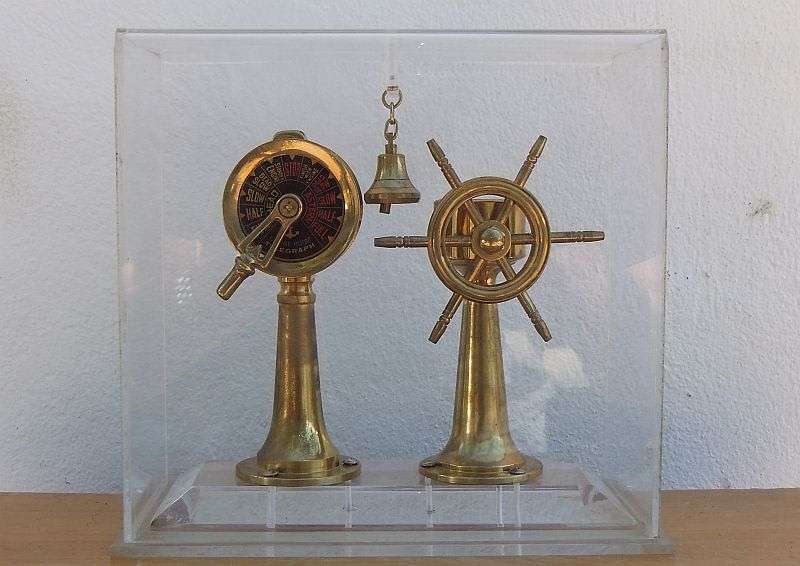 A STUNNING NAUTICAL BRASS ORNAMENTAL SHIPS TELEGRAPH , WHEEL , BELL AND COMPASS ...RARE FIND !!