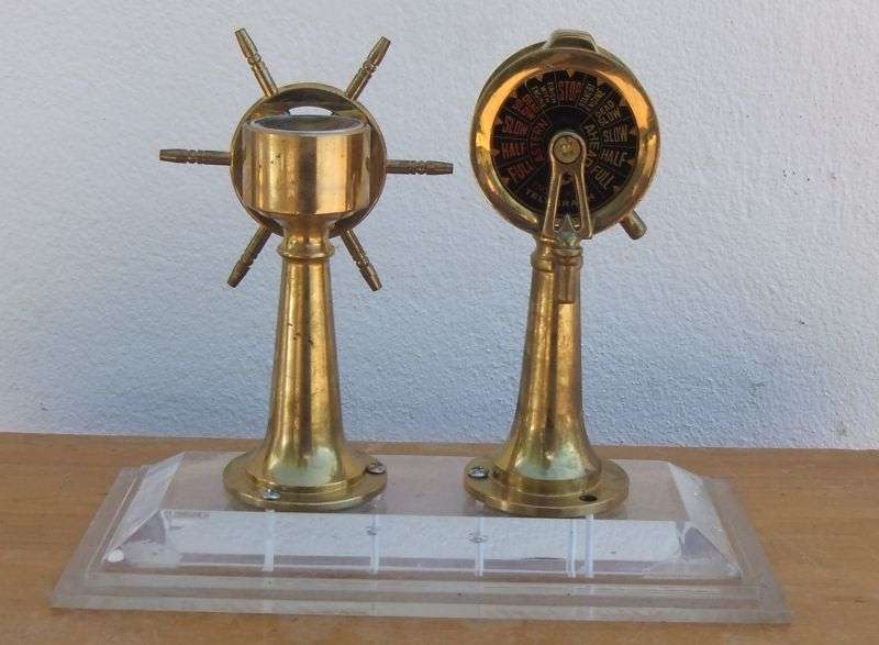 A STUNNING NAUTICAL BRASS ORNAMENTAL SHIPS TELEGRAPH , WHEEL , BELL AND COMPASS ...RARE FIND !!