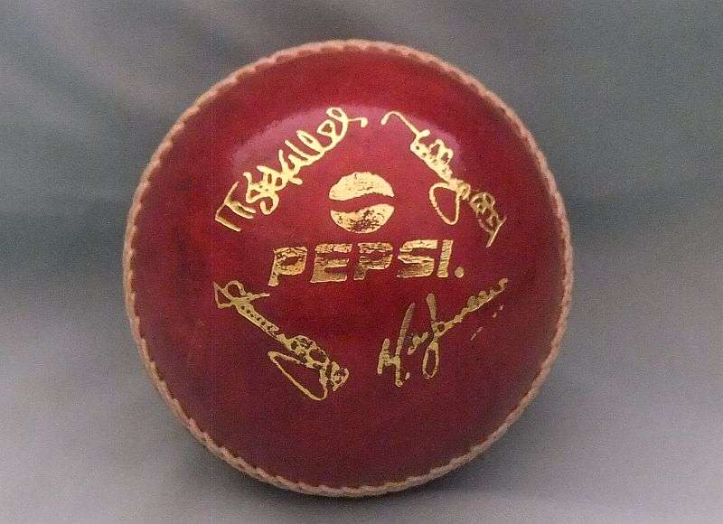 A COOL STANDARD SIZE CRICKET BALL WITH PEPSI ADVERTISING AND SIGNATURES - EXCELLENT CONDITION