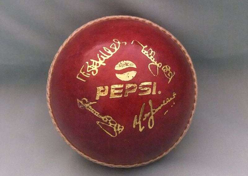 A COOL STANDARD SIZE CRICKET BALL WITH PEPSI ADVERTISING AND SIGNATURES - EXCELLENT CONDITION