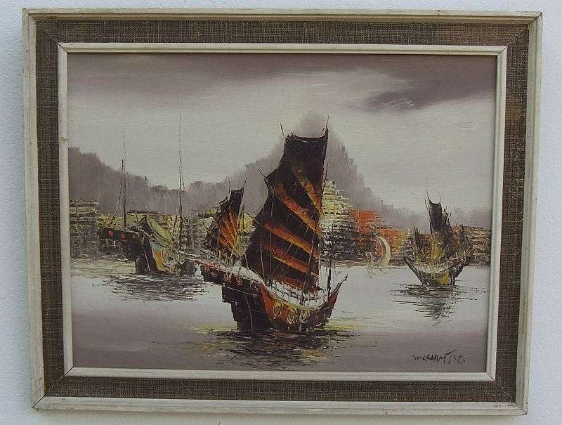 AN AMAZING ORIGINAL OIL ON BOARD OF CHINESE STYLE SAILING BOATS SIGNED BY THE ARTIST !! WOW !!