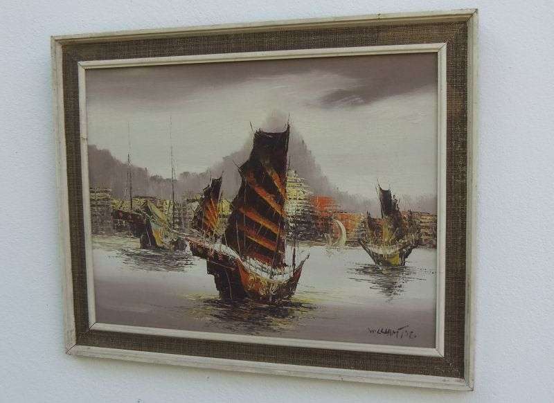 AN AMAZING ORIGINAL OIL ON BOARD OF CHINESE STYLE SAILING BOATS SIGNED BY THE ARTIST !! WOW !!