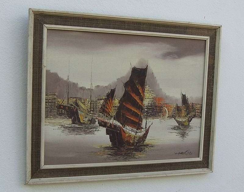 AN AMAZING ORIGINAL OIL ON BOARD OF CHINESE STYLE SAILING BOATS SIGNED BY THE ARTIST !! WOW !!