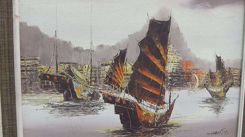 AN AMAZING ORIGINAL OIL ON BOARD OF CHINESE STYLE SAILING BOATS SIGNED BY THE ARTIST !! WOW !!