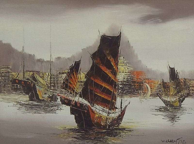 AN AMAZING ORIGINAL OIL ON BOARD OF CHINESE STYLE SAILING BOATS SIGNED BY THE ARTIST !! WOW !!