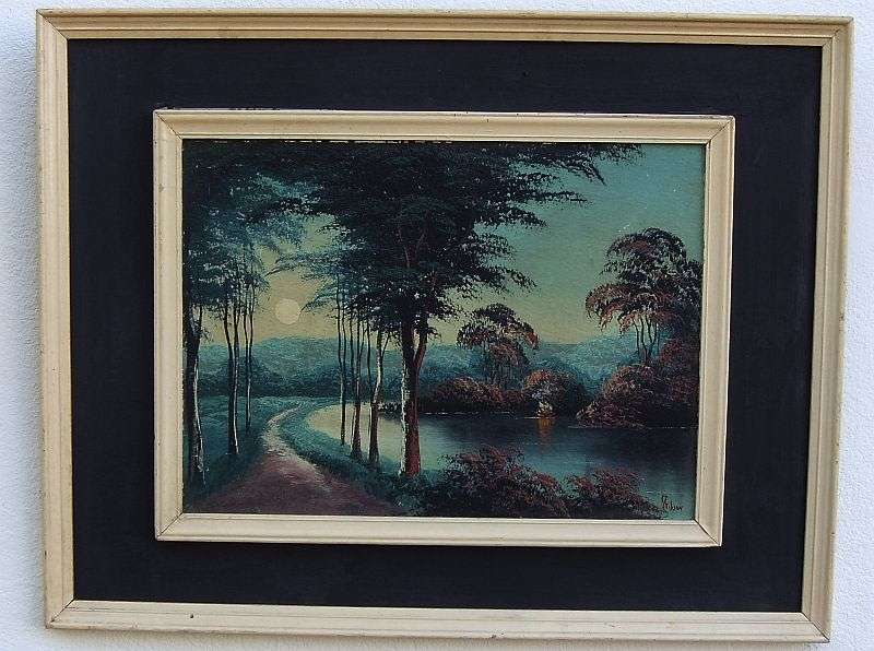 A GORGEOUS DARK ORIGINAL OIL ON BOARD OF A FORREST AND RIVER SCENE SIGNED BY "" S GIBSON ""