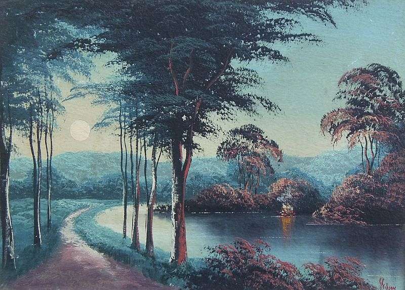 A GORGEOUS DARK ORIGINAL OIL ON BOARD OF A FORREST AND RIVER SCENE SIGNED BY "" S GIBSON ""