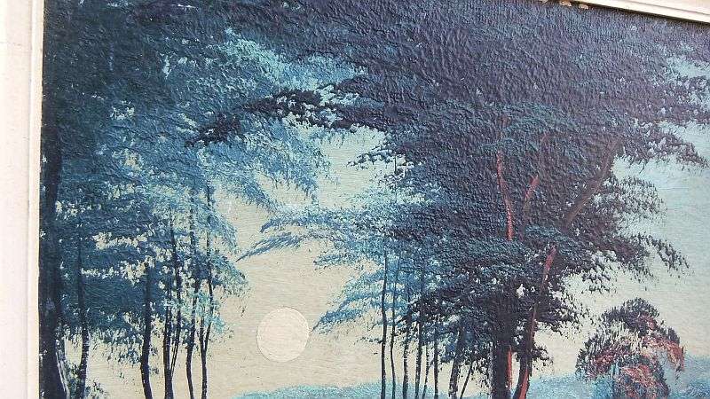 A GORGEOUS DARK ORIGINAL OIL ON BOARD OF A FORREST AND RIVER SCENE SIGNED BY "" S GIBSON ""