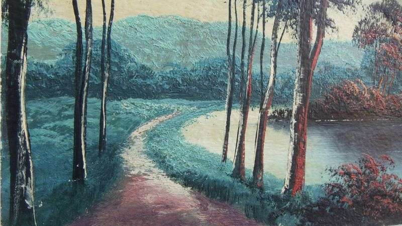 A GORGEOUS DARK ORIGINAL OIL ON BOARD OF A FORREST AND RIVER SCENE SIGNED BY "" S GIBSON ""