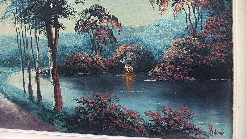 A GORGEOUS DARK ORIGINAL OIL ON BOARD OF A FORREST AND RIVER SCENE SIGNED BY "" S GIBSON ""