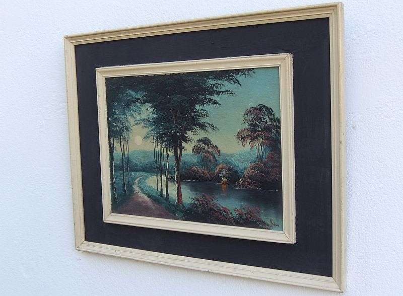 A GORGEOUS DARK ORIGINAL OIL ON BOARD OF A FORREST AND RIVER SCENE SIGNED BY "" S GIBSON ""