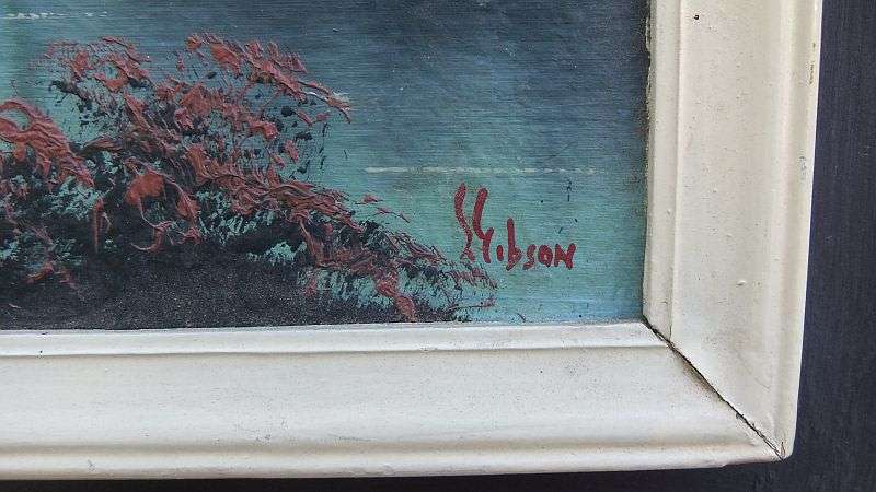 A GORGEOUS DARK ORIGINAL OIL ON BOARD OF A FORREST AND RIVER SCENE SIGNED BY "" S GIBSON ""