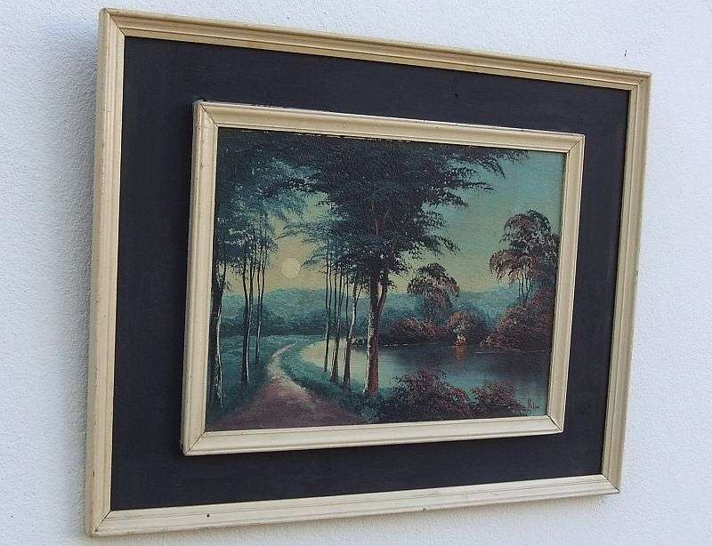 A GORGEOUS DARK ORIGINAL OIL ON BOARD OF A FORREST AND RIVER SCENE SIGNED BY "" S GIBSON ""