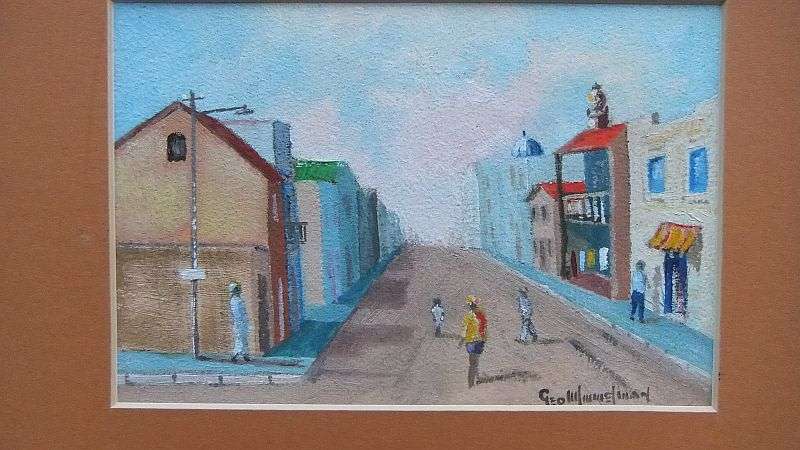 A MASTERFUL ORIGINAL OIL ON BOARD SIGNED BY THE ARTIST DEPICTING A DISTRICT SIX STREET SCENE !! WOW