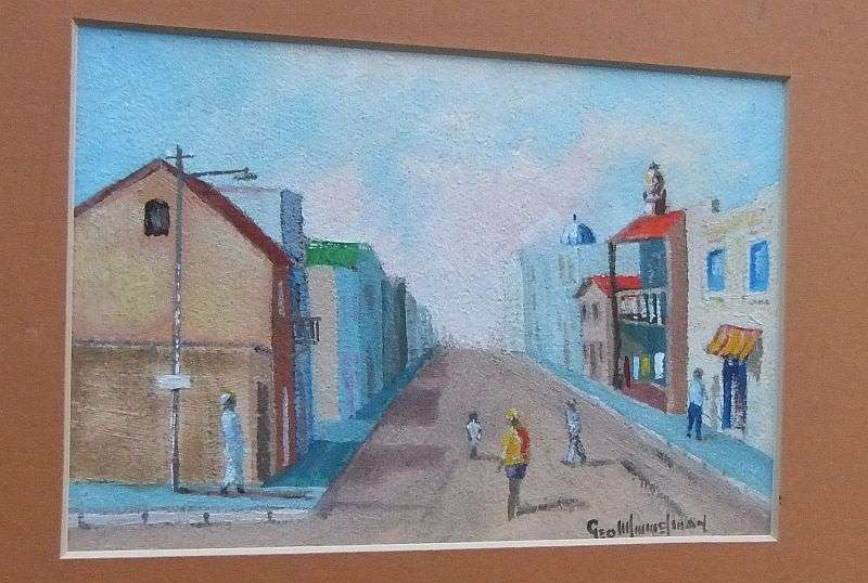 A MASTERFUL ORIGINAL OIL ON BOARD SIGNED BY THE ARTIST DEPICTING A DISTRICT SIX STREET SCENE !! WOW