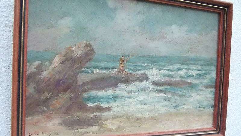 A CHARMING ORIGINAL OIL ON BOARD BY KNOWN ARTIST ERNEST KING DATED `75 ...GONE FISHING !! SWEET !!