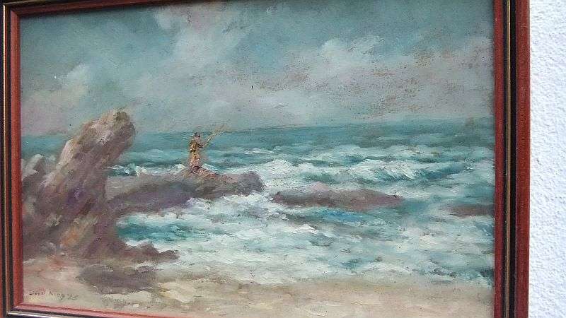 A CHARMING ORIGINAL OIL ON BOARD BY KNOWN ARTIST ERNEST KING DATED `75 ...GONE FISHING !! SWEET !!
