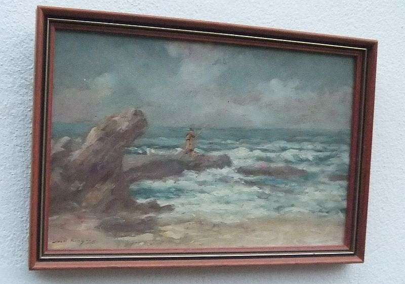 A CHARMING ORIGINAL OIL ON BOARD BY KNOWN ARTIST ERNEST KING DATED `75 ...GONE FISHING !! SWEET !!