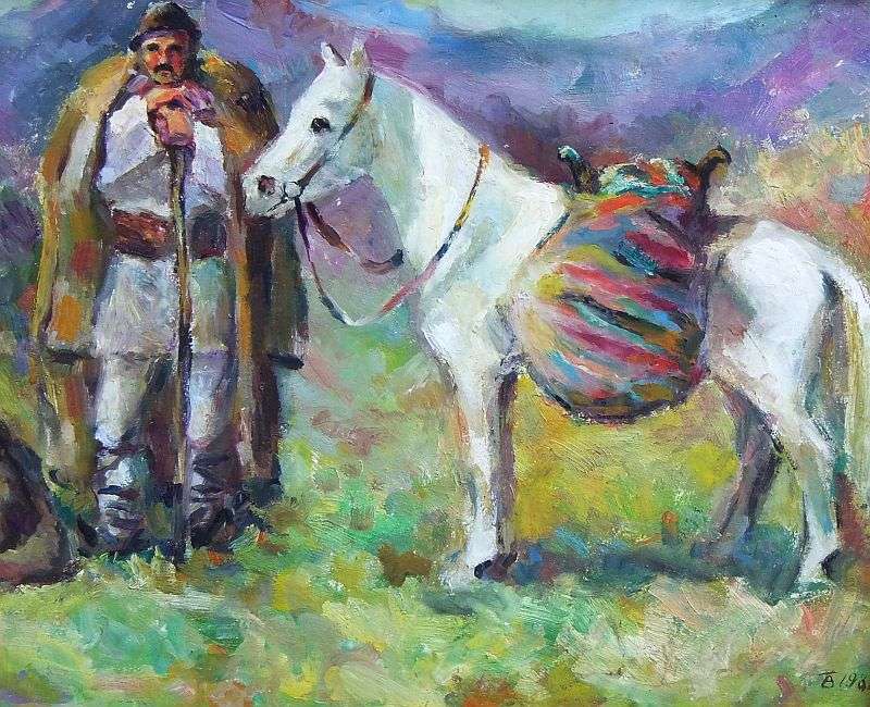 AN OUTSTANDING OLD LOOKING ORIGINAL OIL ON BOARD OF A TRAVELER WITH HIS HORSE...SIGNED BY THE ARTIST