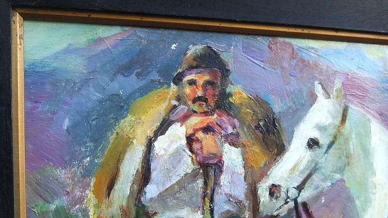 AN OUTSTANDING OLD LOOKING ORIGINAL OIL ON BOARD OF A TRAVELER WITH HIS HORSE...SIGNED BY THE ARTIST