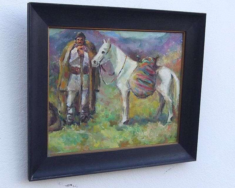 AN OUTSTANDING OLD LOOKING ORIGINAL OIL ON BOARD OF A TRAVELER WITH HIS HORSE...SIGNED BY THE ARTIST