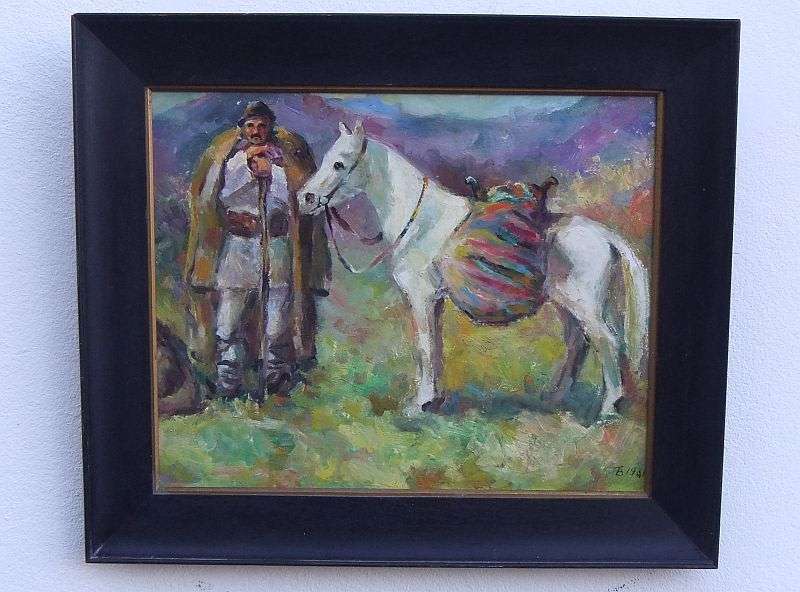 AN OUTSTANDING OLD LOOKING ORIGINAL OIL ON BOARD OF A TRAVELER WITH HIS HORSE...SIGNED BY THE ARTIST
