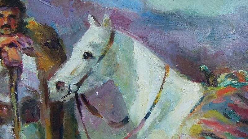 AN OUTSTANDING OLD LOOKING ORIGINAL OIL ON BOARD OF A TRAVELER WITH HIS HORSE...SIGNED BY THE ARTIST