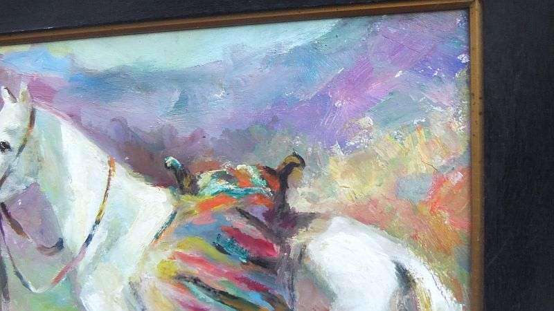 AN OUTSTANDING OLD LOOKING ORIGINAL OIL ON BOARD OF A TRAVELER WITH HIS HORSE...SIGNED BY THE ARTIST