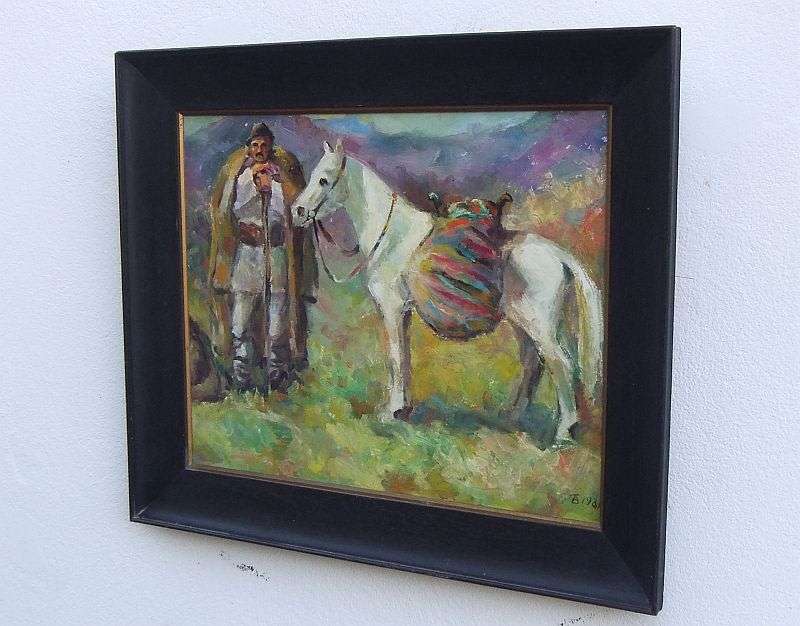 AN OUTSTANDING OLD LOOKING ORIGINAL OIL ON BOARD OF A TRAVELER WITH HIS HORSE...SIGNED BY THE ARTIST