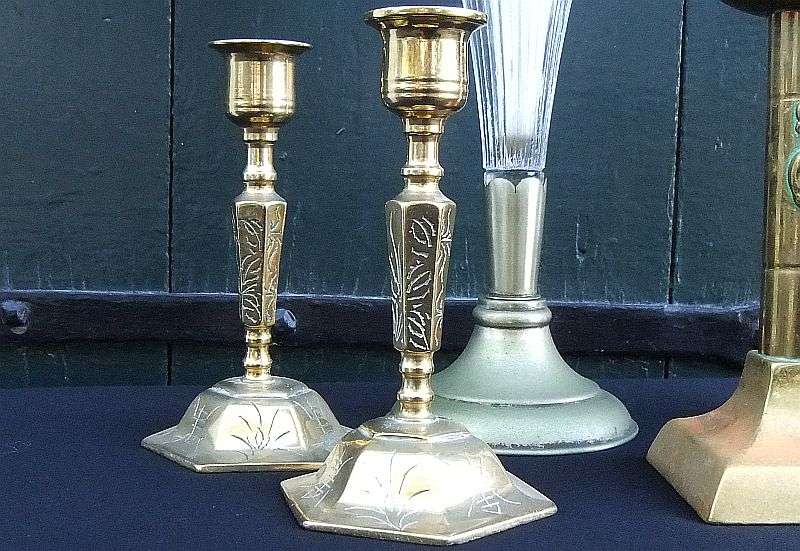 TWO CHARACTERFUL PAIRS OF SOLID BRASS CANDLE STICKS PLUS AN OLD TALL FLUTED GLASS IN METAL VASE !!