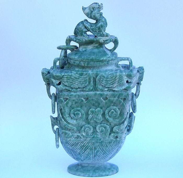 A GORGEOUS ANCIENT LOOKING CHINESE CARVED GREEN AND WHITE STONE URN !! WOW !! WOW !!