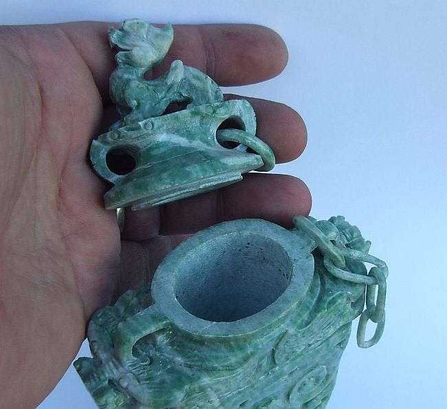 A GORGEOUS ANCIENT LOOKING CHINESE CARVED GREEN AND WHITE STONE URN !! WOW !! WOW !!