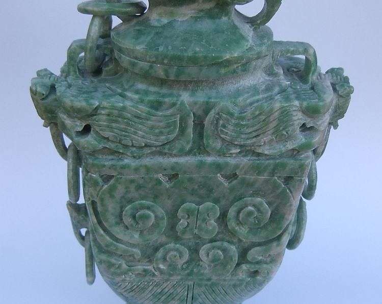 A GORGEOUS ANCIENT LOOKING CHINESE CARVED GREEN AND WHITE STONE URN !! WOW !! WOW !!