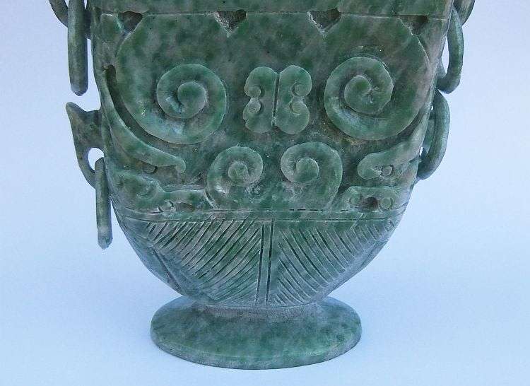 A GORGEOUS ANCIENT LOOKING CHINESE CARVED GREEN AND WHITE STONE URN !! WOW !! WOW !!