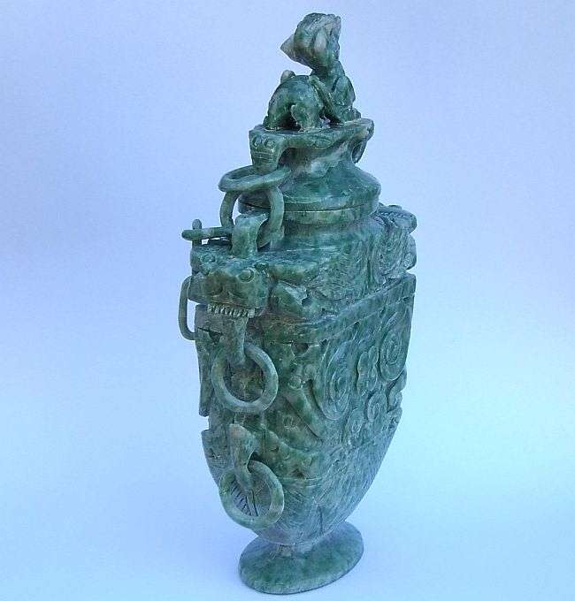 A GORGEOUS ANCIENT LOOKING CHINESE CARVED GREEN AND WHITE STONE URN !! WOW !! WOW !!
