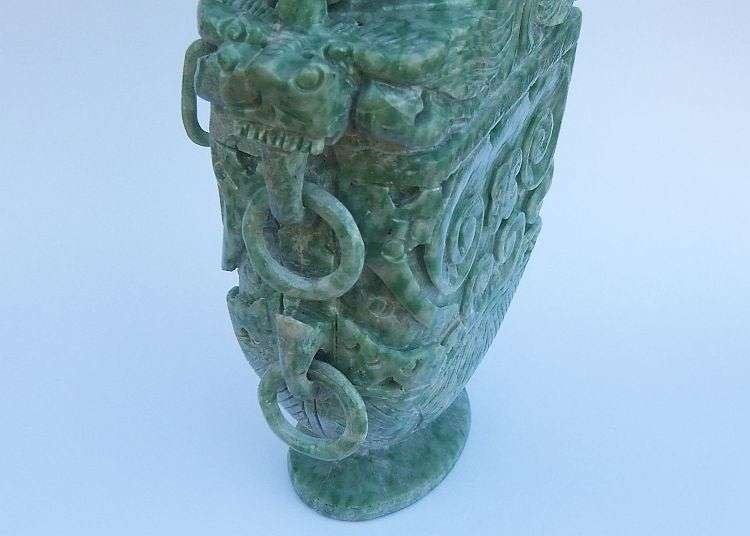 A GORGEOUS ANCIENT LOOKING CHINESE CARVED GREEN AND WHITE STONE URN !! WOW !! WOW !!