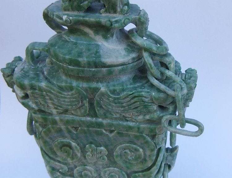 A GORGEOUS ANCIENT LOOKING CHINESE CARVED GREEN AND WHITE STONE URN !! WOW !! WOW !!