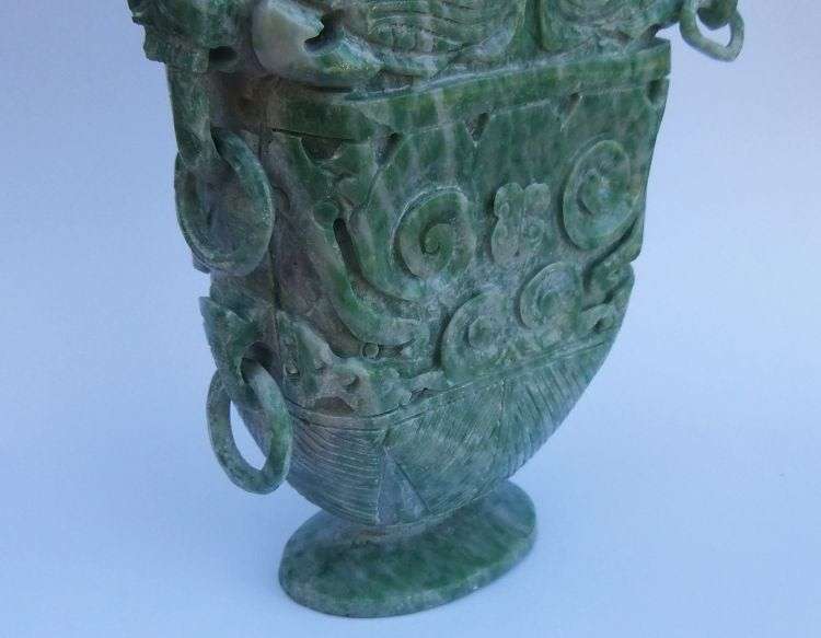 A GORGEOUS ANCIENT LOOKING CHINESE CARVED GREEN AND WHITE STONE URN !! WOW !! WOW !!