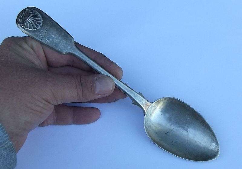 SUPER RARE !! CAPE SILVER LARGE SPOON BY LAWRENCE TWENTYMAN INSCRIBED PJ VD M...CIRCA EARLY 1800`S