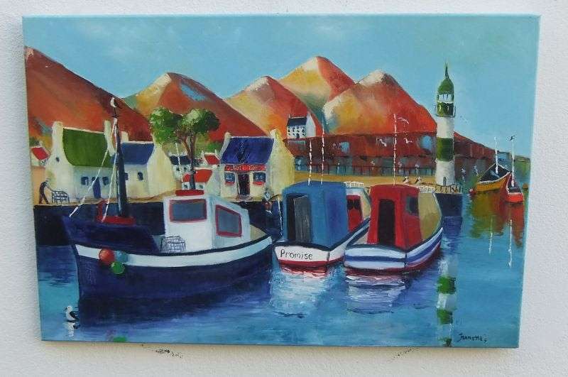 A GREAT SIZED ORIGINAL ACRYLIC ON CANVAS SIGNED JEANETTE G ...BOATS AT THE HARBOUR !!