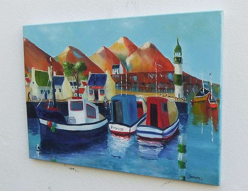 A GREAT SIZED ORIGINAL ACRYLIC ON CANVAS SIGNED JEANETTE G ...BOATS AT THE HARBOUR !!