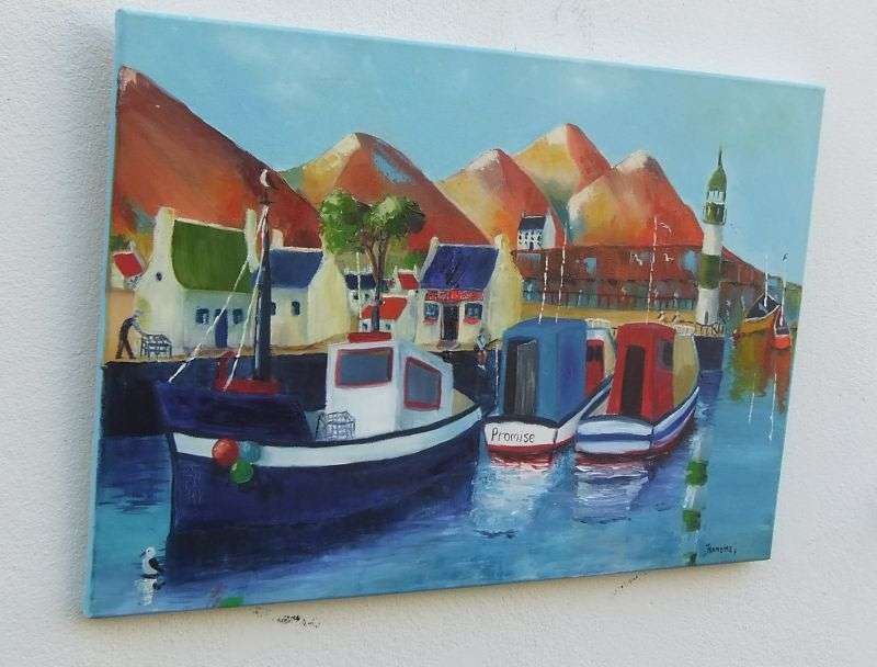 A GREAT SIZED ORIGINAL ACRYLIC ON CANVAS SIGNED JEANETTE G ...BOATS AT THE HARBOUR !!