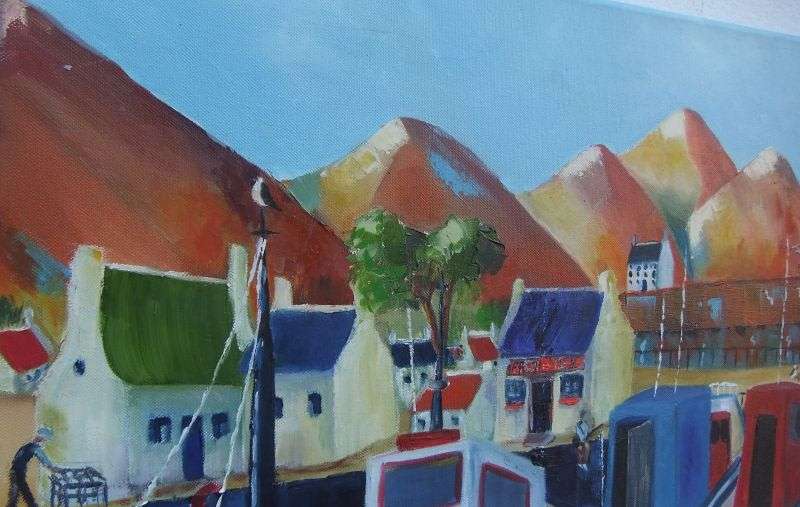 A GREAT SIZED ORIGINAL ACRYLIC ON CANVAS SIGNED JEANETTE G ...BOATS AT THE HARBOUR !!